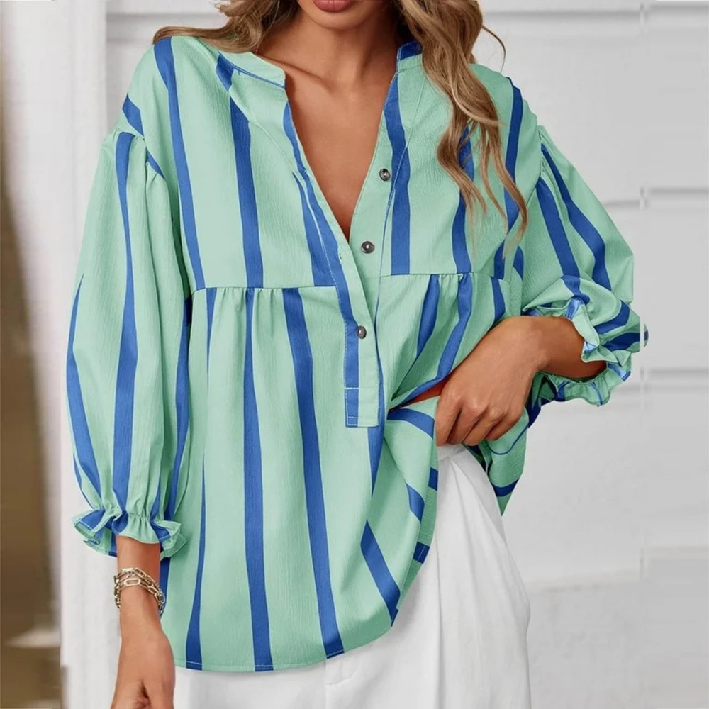 Vici Mint Green and Blue Striped Button-Front Blouse